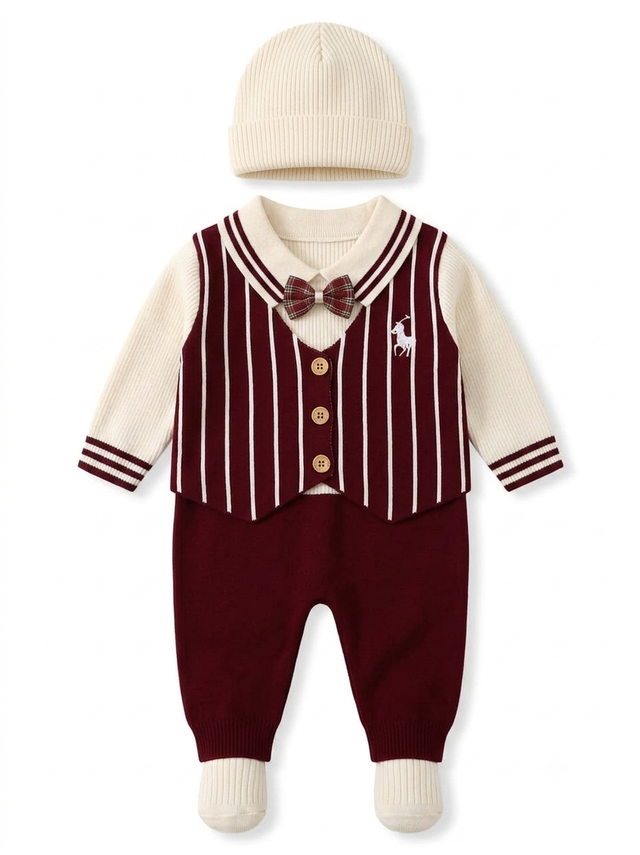 Elegant Gentleman Knitted Formal Two Piece Baby Set With Bow Tie For Special Occasions