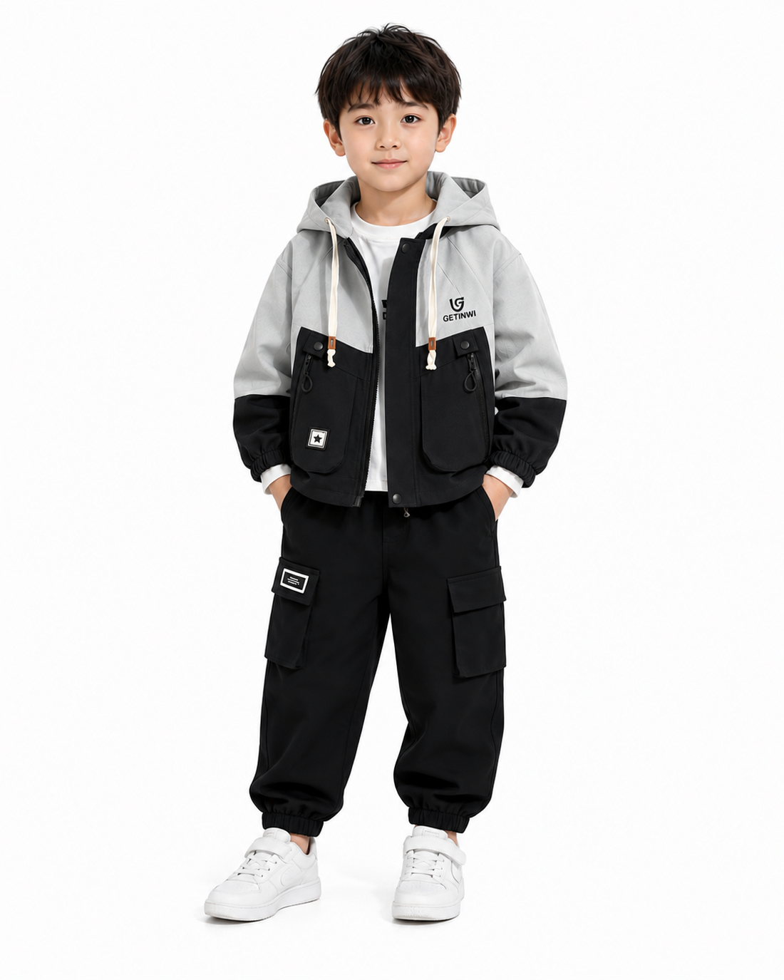Boys imported hooded 3-piece suit olive and black