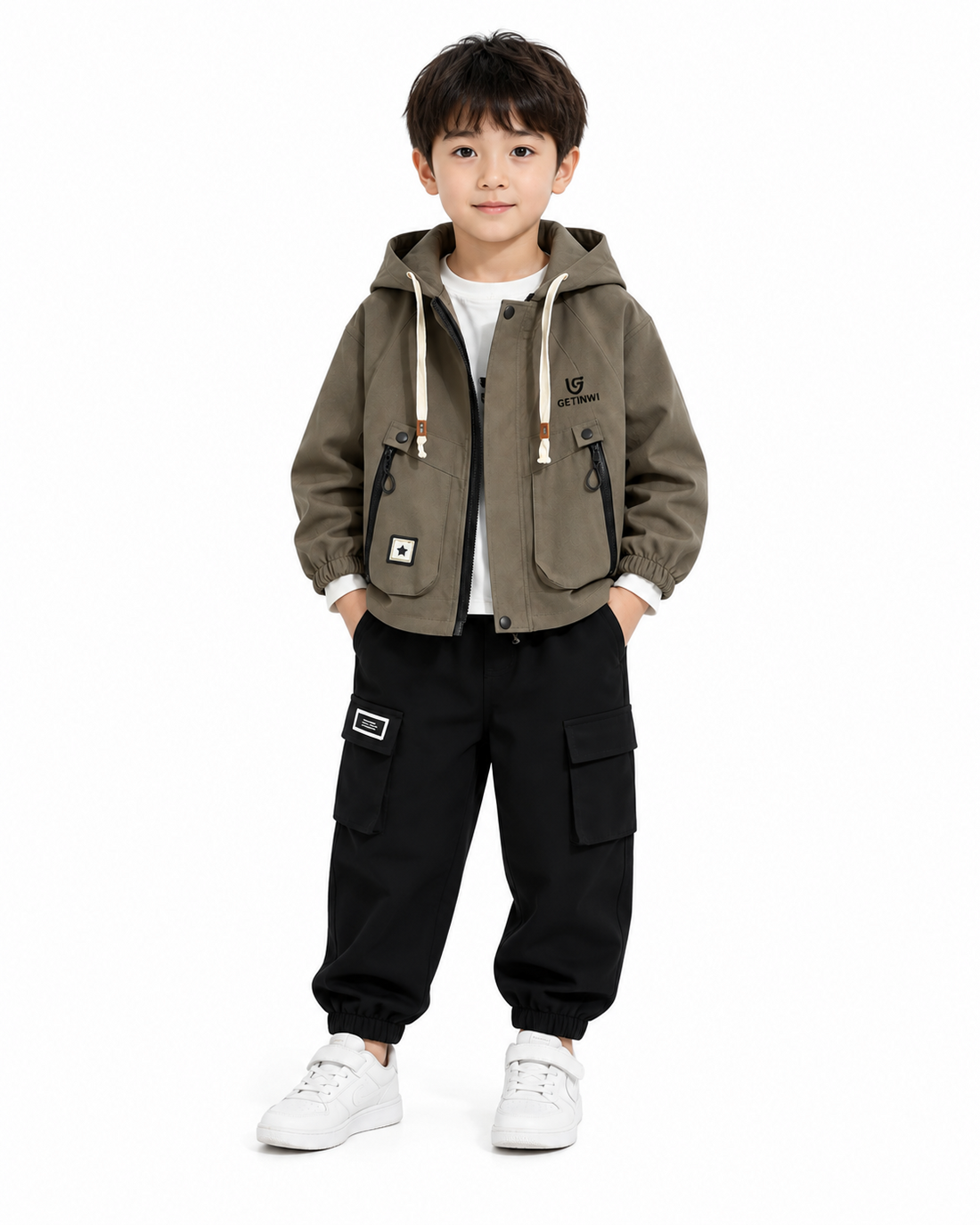 Boys imported hooded 3-piece suit olive and black