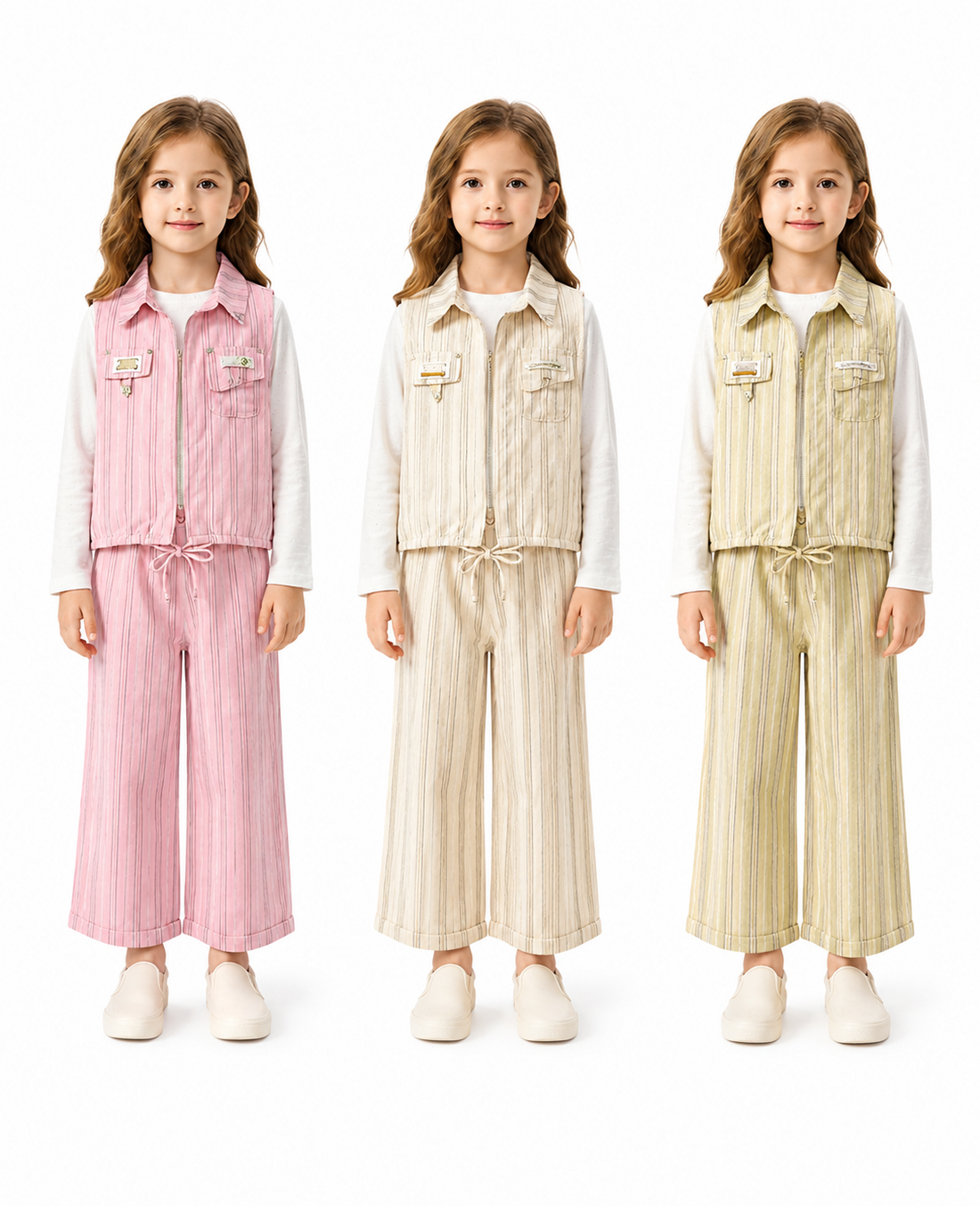 Girls striped zip waistcoat and wide-leg trouser set in Pink, Skin and Light Mustard
