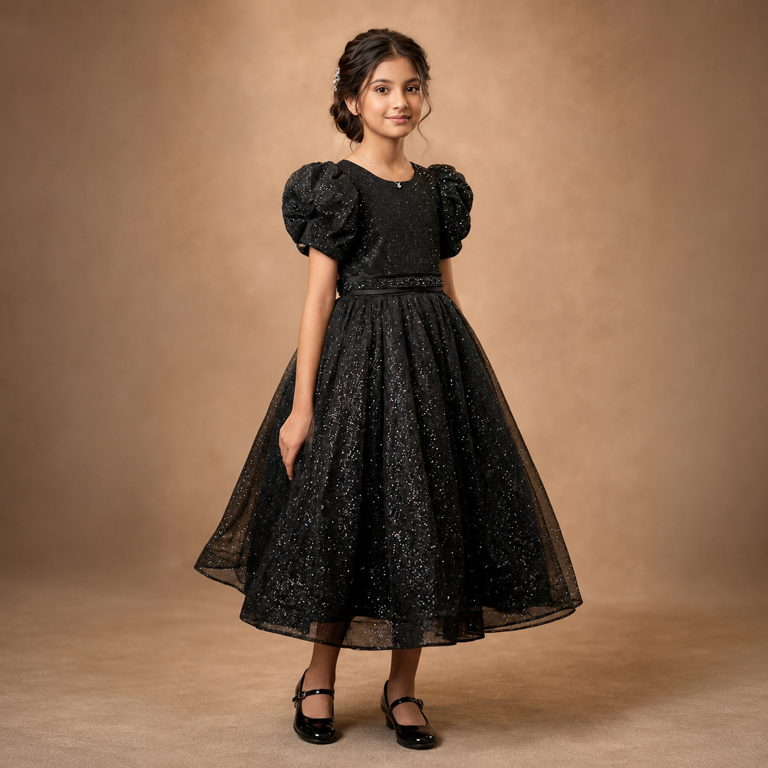 Imported Soft Net and Moonlight Girls Party Frock in Black