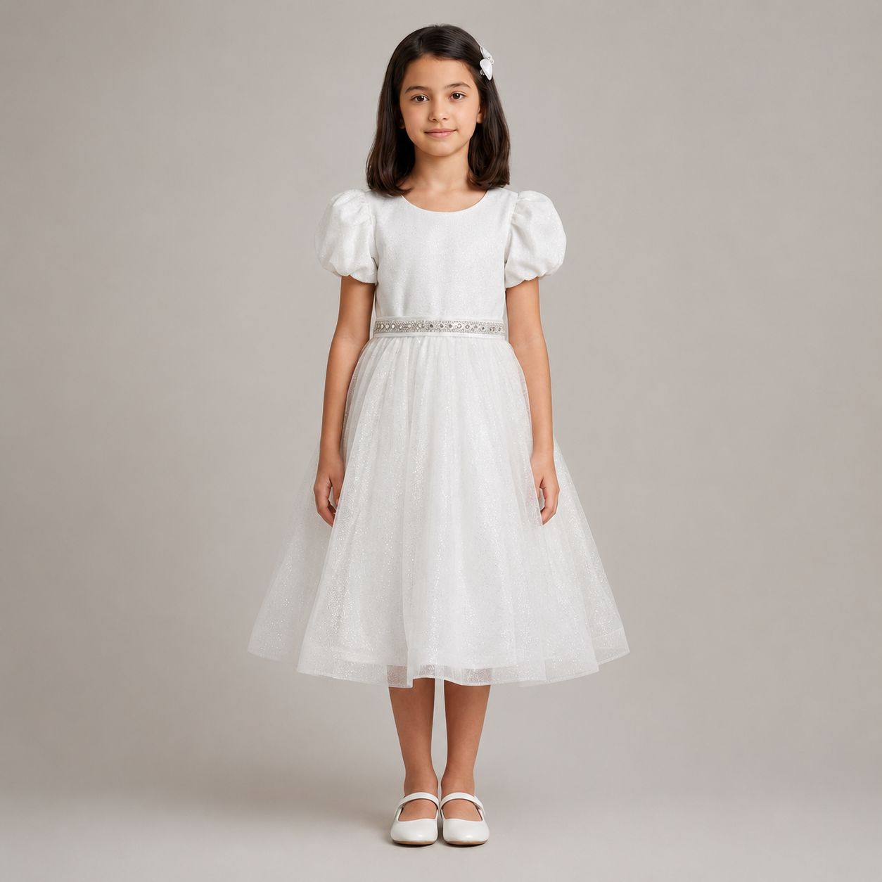 Imported Soft Net and Moonlight Girls Party Frock in White
